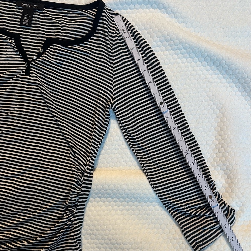 Clearance White House Black Market Black and White Striped Fitted Ruched Blouse - Picture 9 of 9